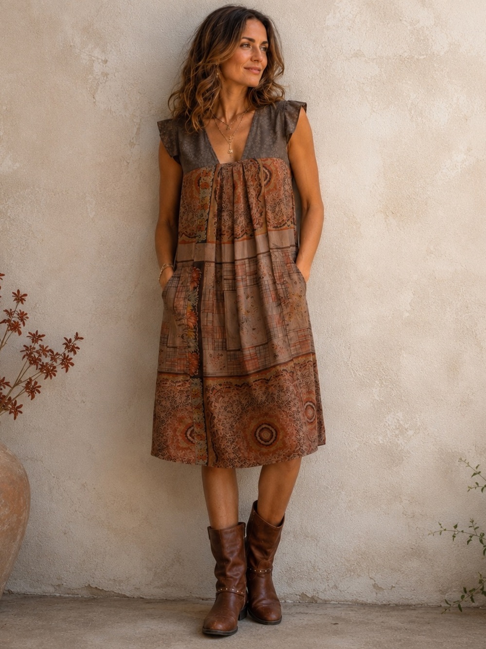 Stella Forest 100% Silk Patchwork Boho Dress